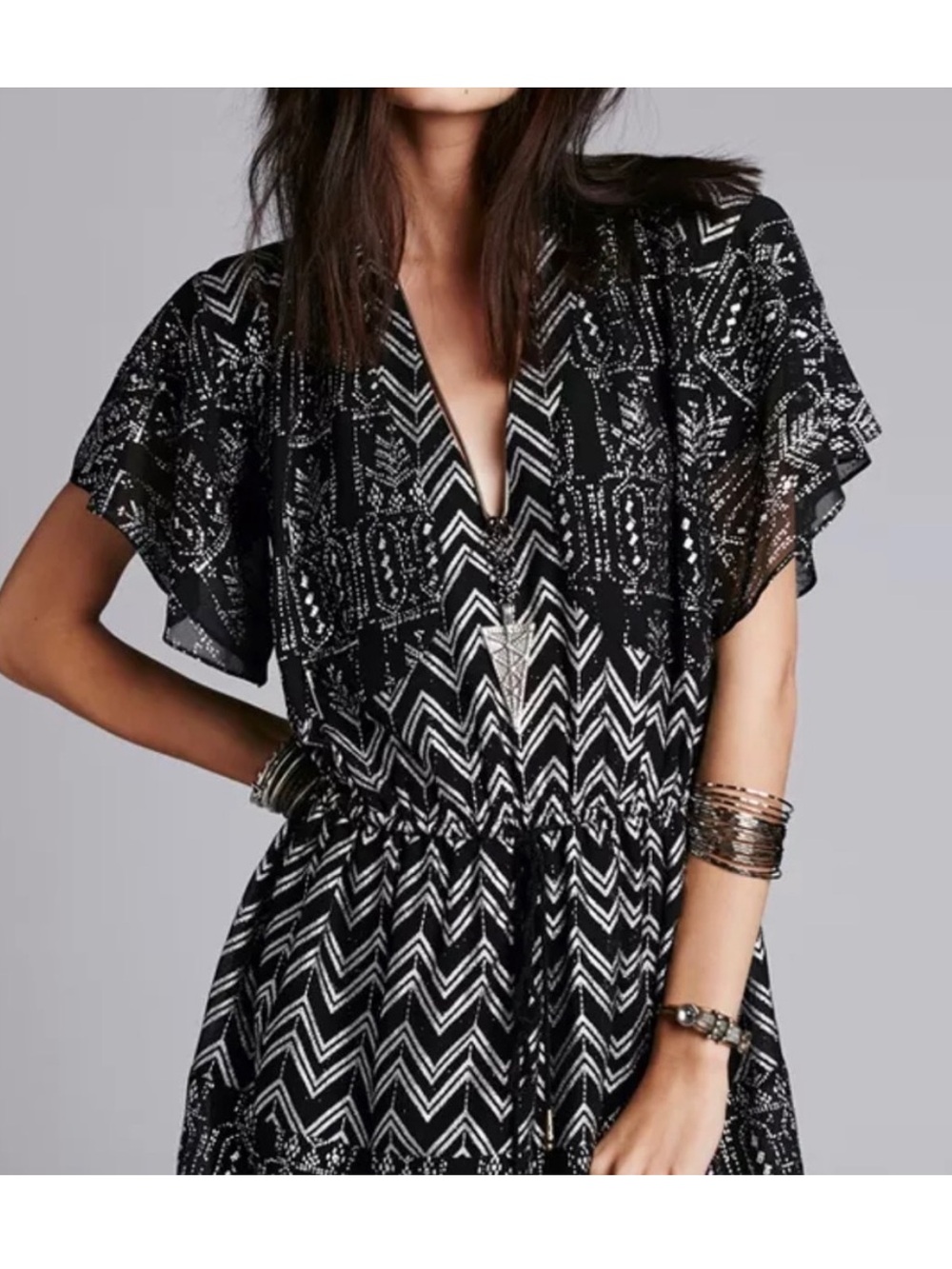 Free People Love My Chaos Metallic Chevron Tribal Mini Dress M EUC